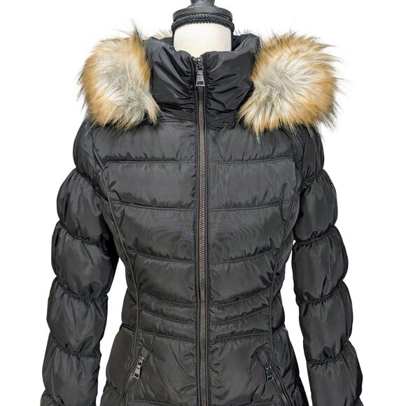 Laundry by Shelli Segal Black Faux Fur Trim Puffer Coat XS NWT - Picture 10 of 12